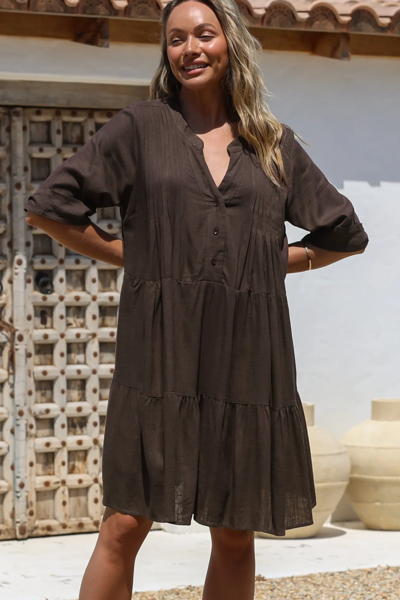 Ayva Mini Dress - 3/4 Sleeve Tiered Smock Dress in Chocolate>Salty Crush Discount