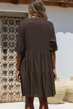 Ayva Mini Dress - 3/4 Sleeve Tiered Smock Dress in Chocolate><noscript><img width=