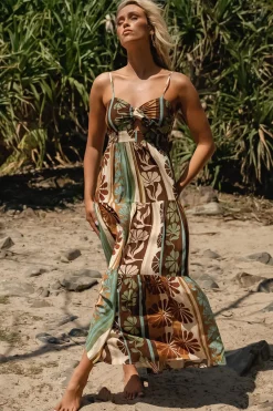 Bambi Maxi Dress - Sun Dress with Cut Out Detail and Bow at the Bust in Cacao Mist Print>Jaase Sale