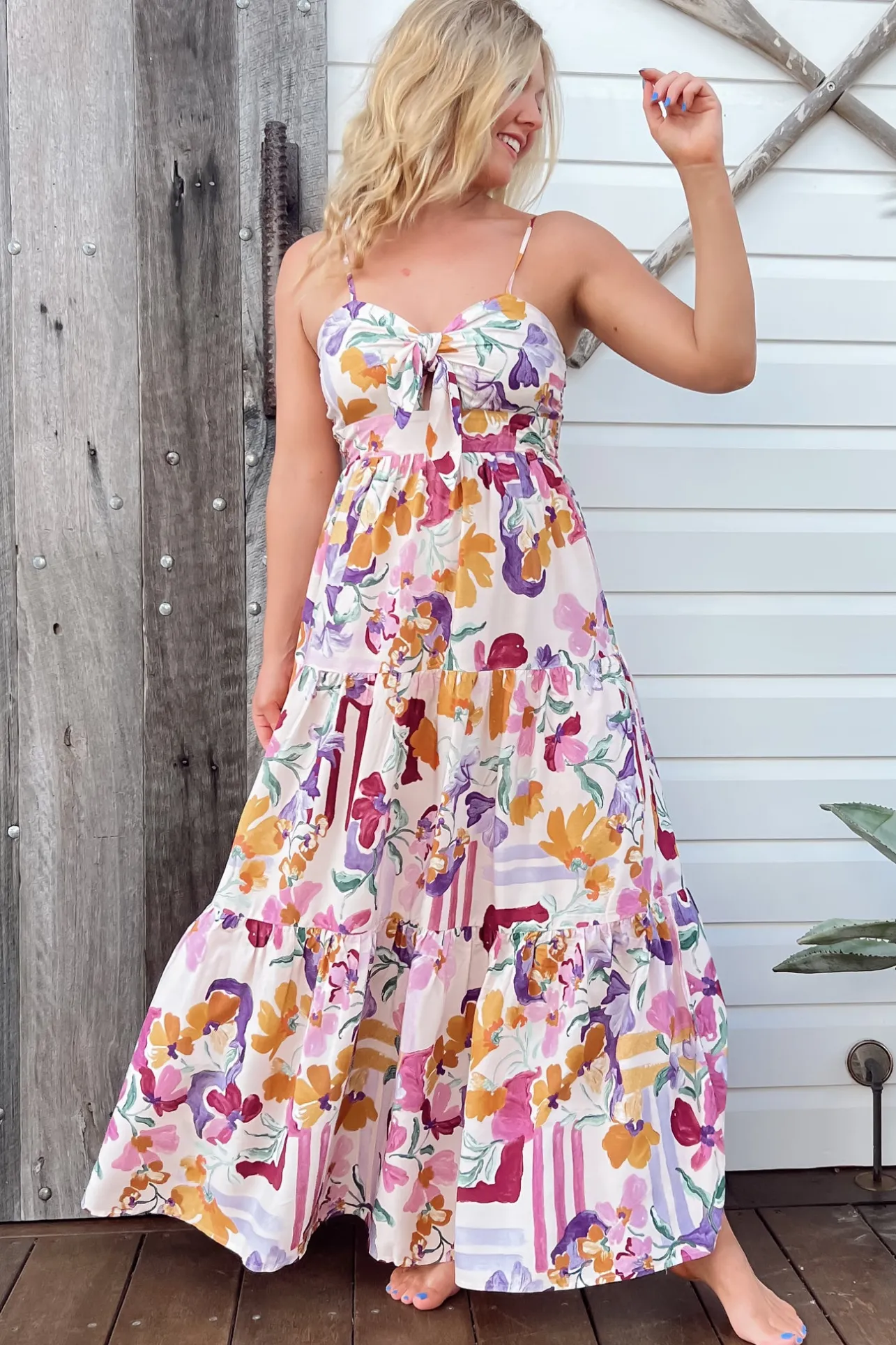 Bambi Maxi Dress - Sun Dress with Cut Out Detail and Bow at the Bust in Sweet Lily Print>Jaase Sale