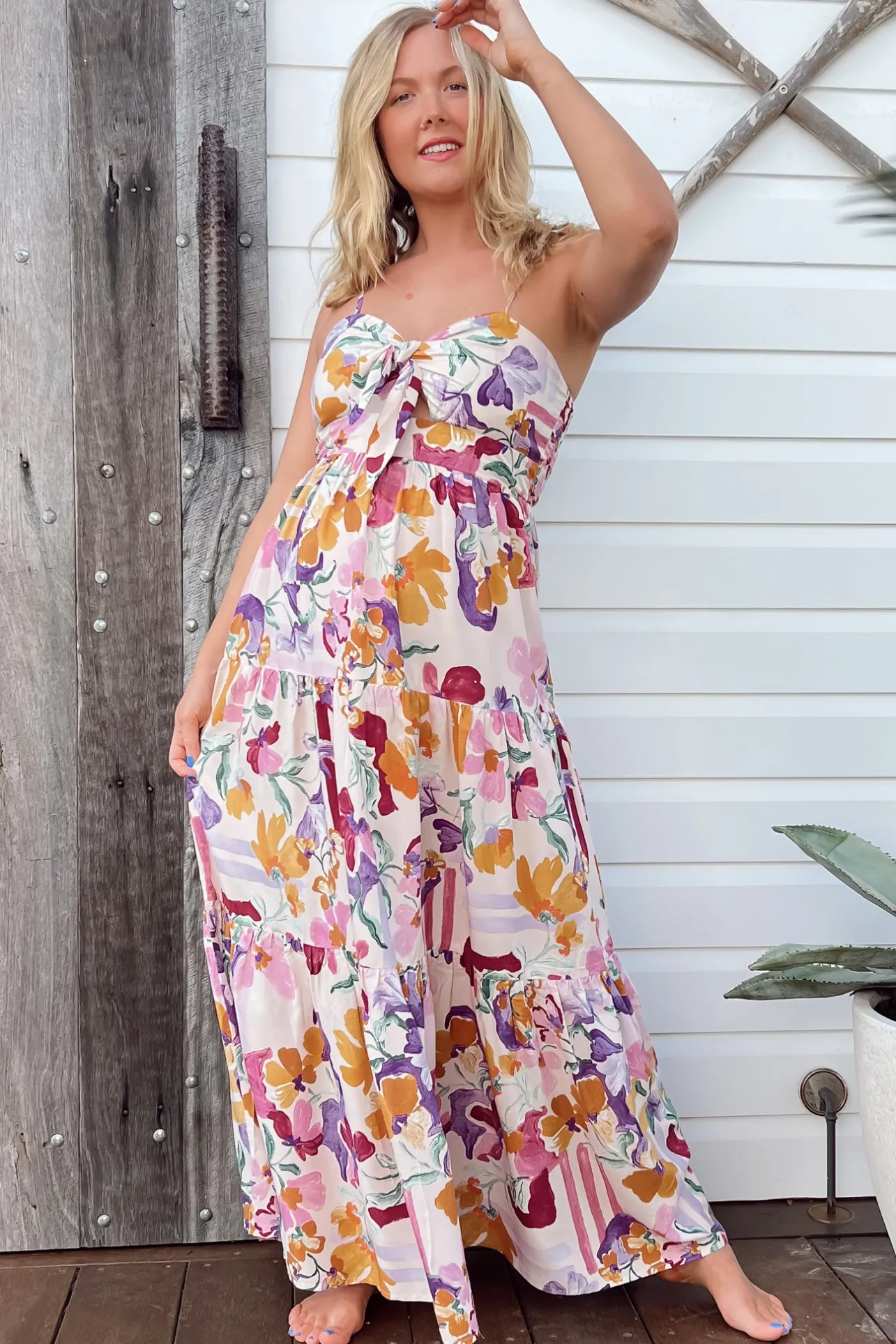 Bambi Maxi Dress - Sun Dress with Cut Out Detail and Bow at the Bust in Sweet Lily Print>Jaase Sale
