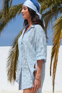 Beachly Mesh Shirt - Cotton Mesh Stripe Relaxed Button Down Shirt in Blue><noscript><img width=