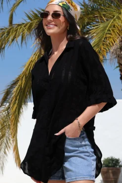 Beachly Mesh Shirt - Cotton Mesh Stripe Relaxed Button Down Shirt in Black>Salty Crush Best