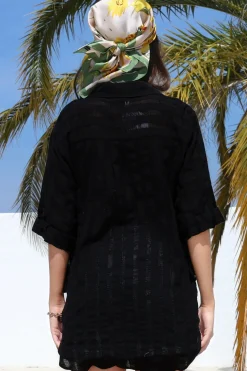 Beachly Mesh Shirt - Cotton Mesh Stripe Relaxed Button Down Shirt in Black><noscript><img width=
