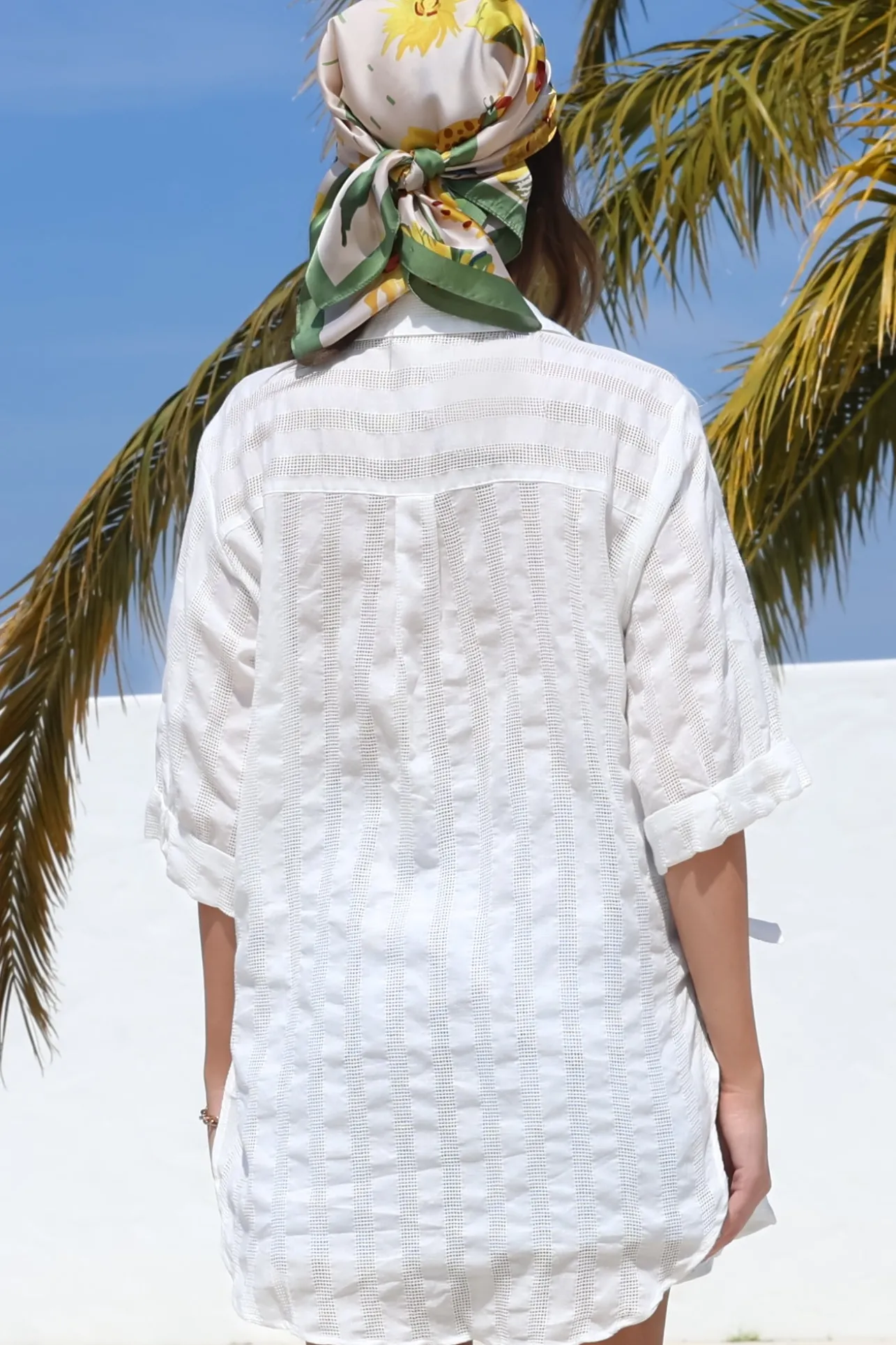 Beachly Mesh Shirt - Cotton Mesh Stripe Relaxed Button Down Shirt in White>Salty Crush Discount
