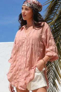 Beachly Mesh Shirt - Cotton Mesh Stripe Relaxed Button Down Shirt in Blush><noscript><img width=