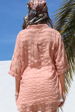 Beachly Mesh Shirt - Cotton Mesh Stripe Relaxed Button Down Shirt in Blush><noscript><img width=