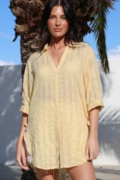 Beachly Mesh Shirt - Cotton Mesh Stripe Relaxed Button Down Shirt in Yellow><noscript><img width=