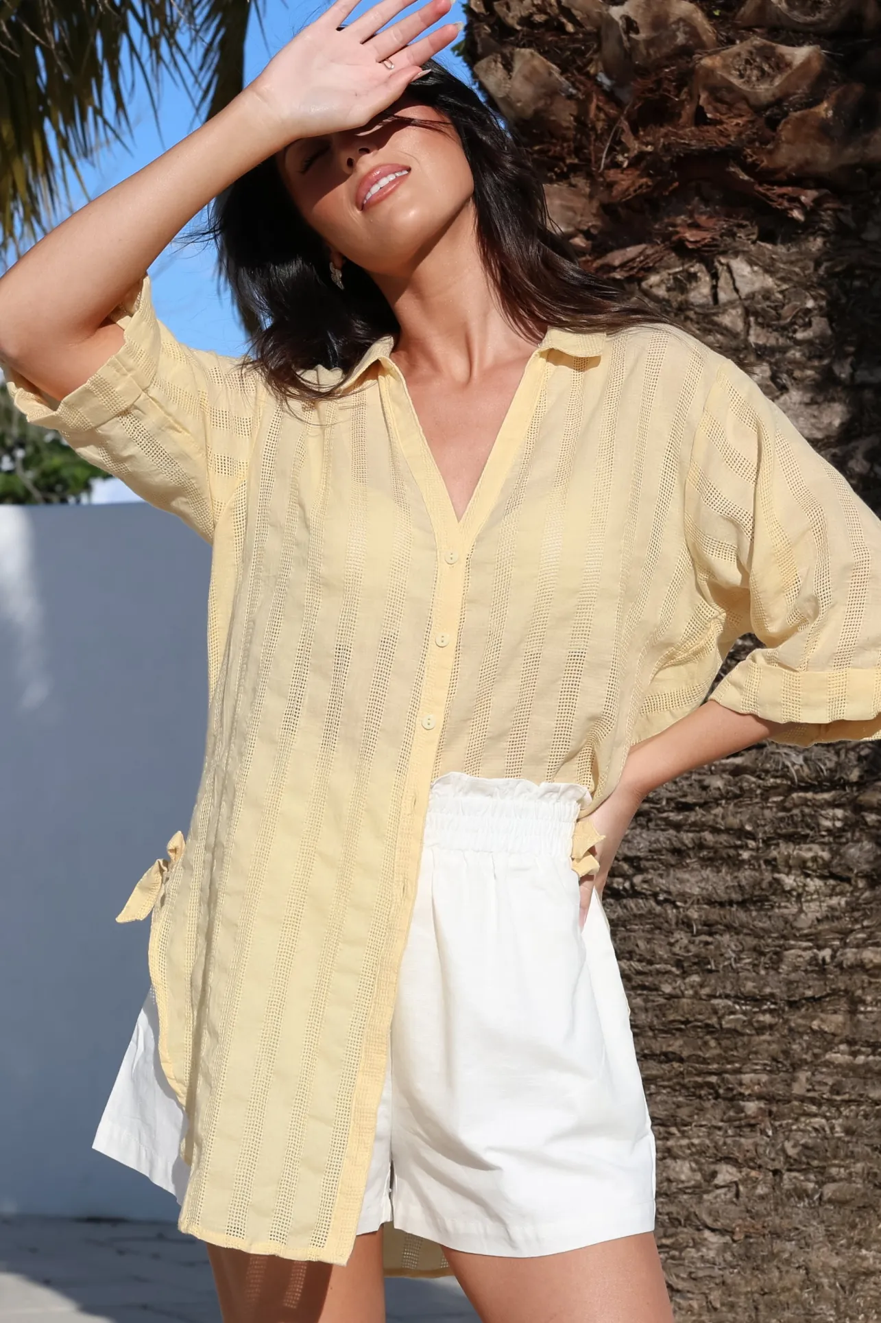 Beachly Mesh Shirt - Cotton Mesh Stripe Relaxed Button Down Shirt in Yellow>Salty Crush Sale