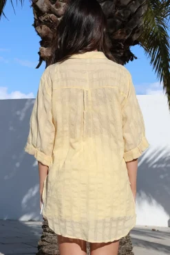 Beachly Mesh Shirt - Cotton Mesh Stripe Relaxed Button Down Shirt in Yellow><noscript><img width=