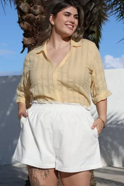 Beachly Mesh Shirt - Cotton Mesh Stripe Relaxed Button Down Shirt in Yellow><noscript><img width=