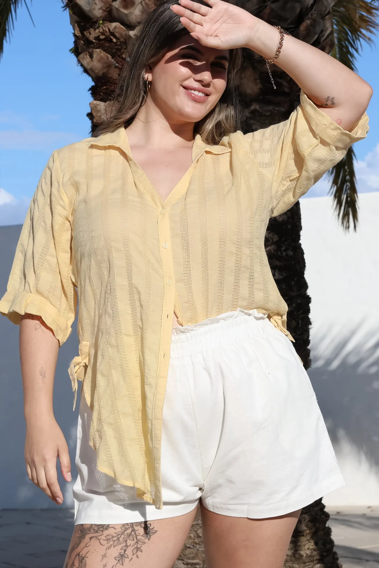 Beachly Mesh Shirt - Cotton Mesh Stripe Relaxed Button Down Shirt in Yellow>Salty Crush Sale