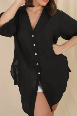 Beachly Shirt - Folded Collar Button Down Relaxed Shirt In Black>Salty Crush Discount