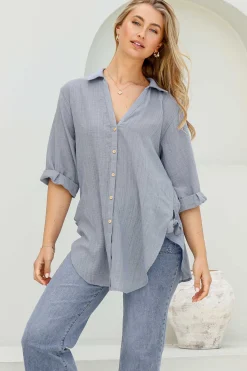 Beachly Shirt - Folded Collar Button Down Relaxed Shirt In Cloudy Blue>Salty Crush Clearance