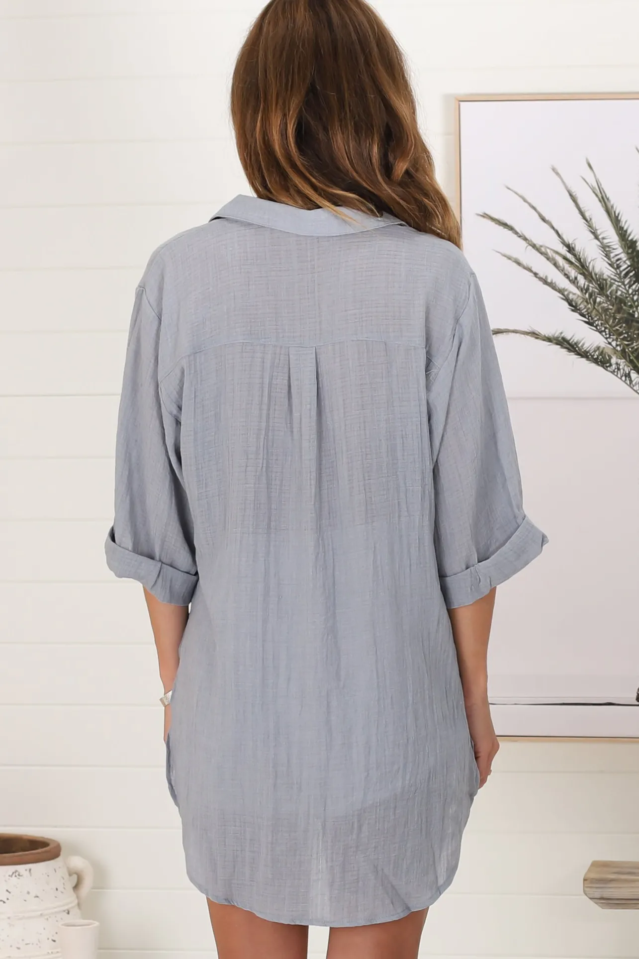 Beachly Shirt - Folded Collar Button Down Relaxed Shirt In Cloudy Blue>Salty Crush Clearance