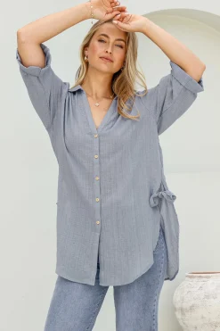 Beachly Shirt - Folded Collar Button Down Relaxed Shirt In Cloudy Blue><noscript><img width=