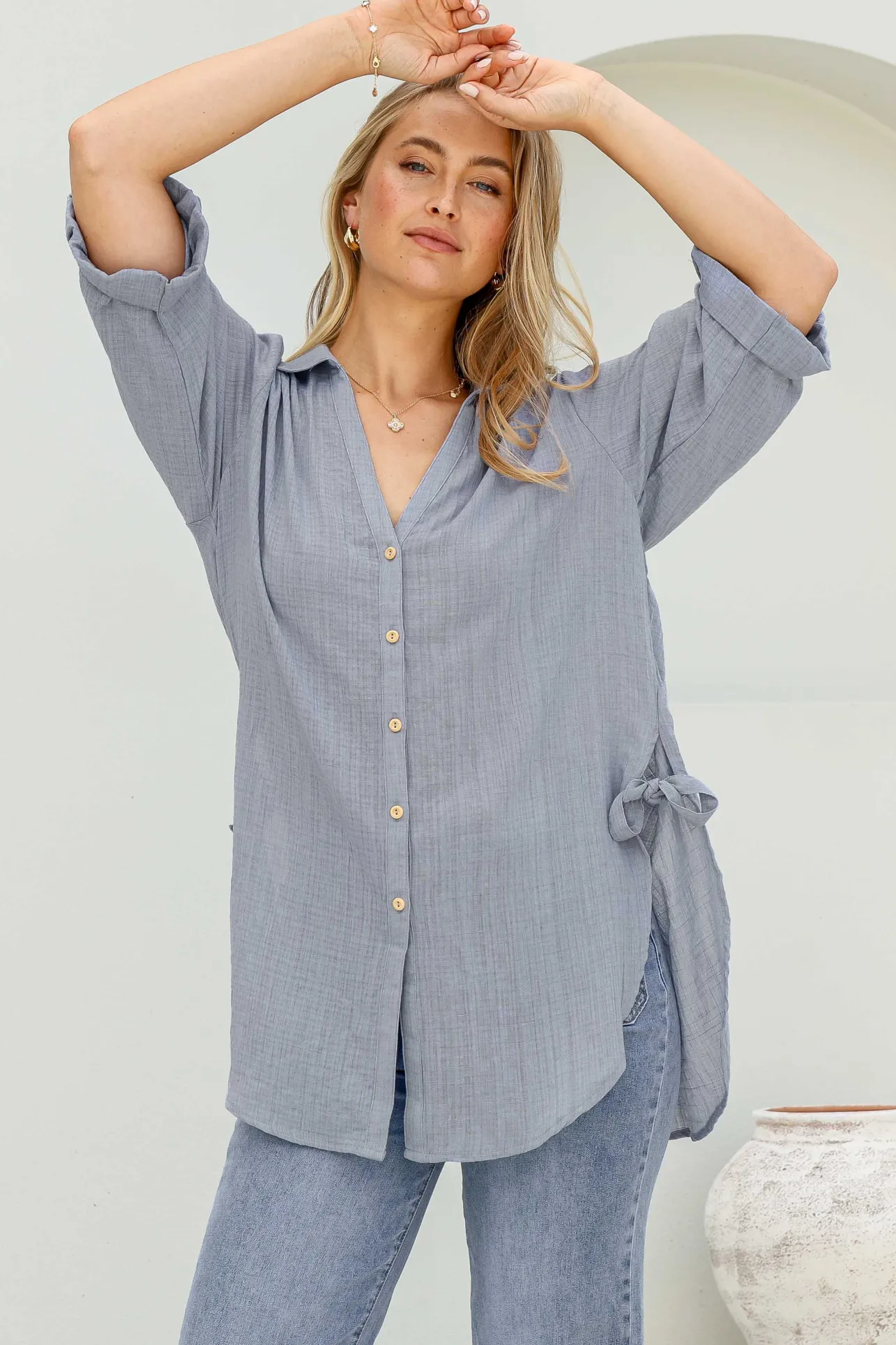 Beachly Shirt - Folded Collar Button Down Relaxed Shirt In Cloudy Blue>Salty Crush Clearance