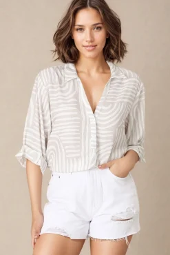 Beachly Shirt - Folded Collar Button Down Relaxed Shirt in Hansel Print>Salty Crush New