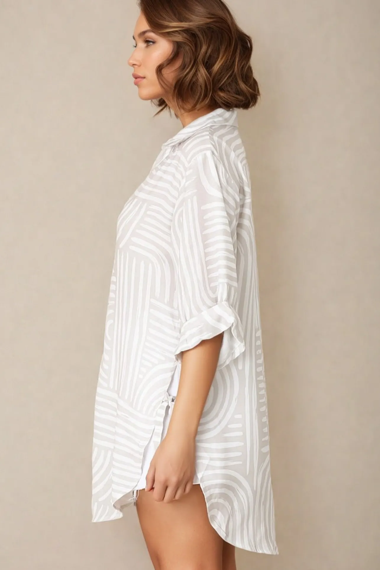 Beachly Shirt - Folded Collar Button Down Relaxed Shirt in Hansel Print>Salty Crush New