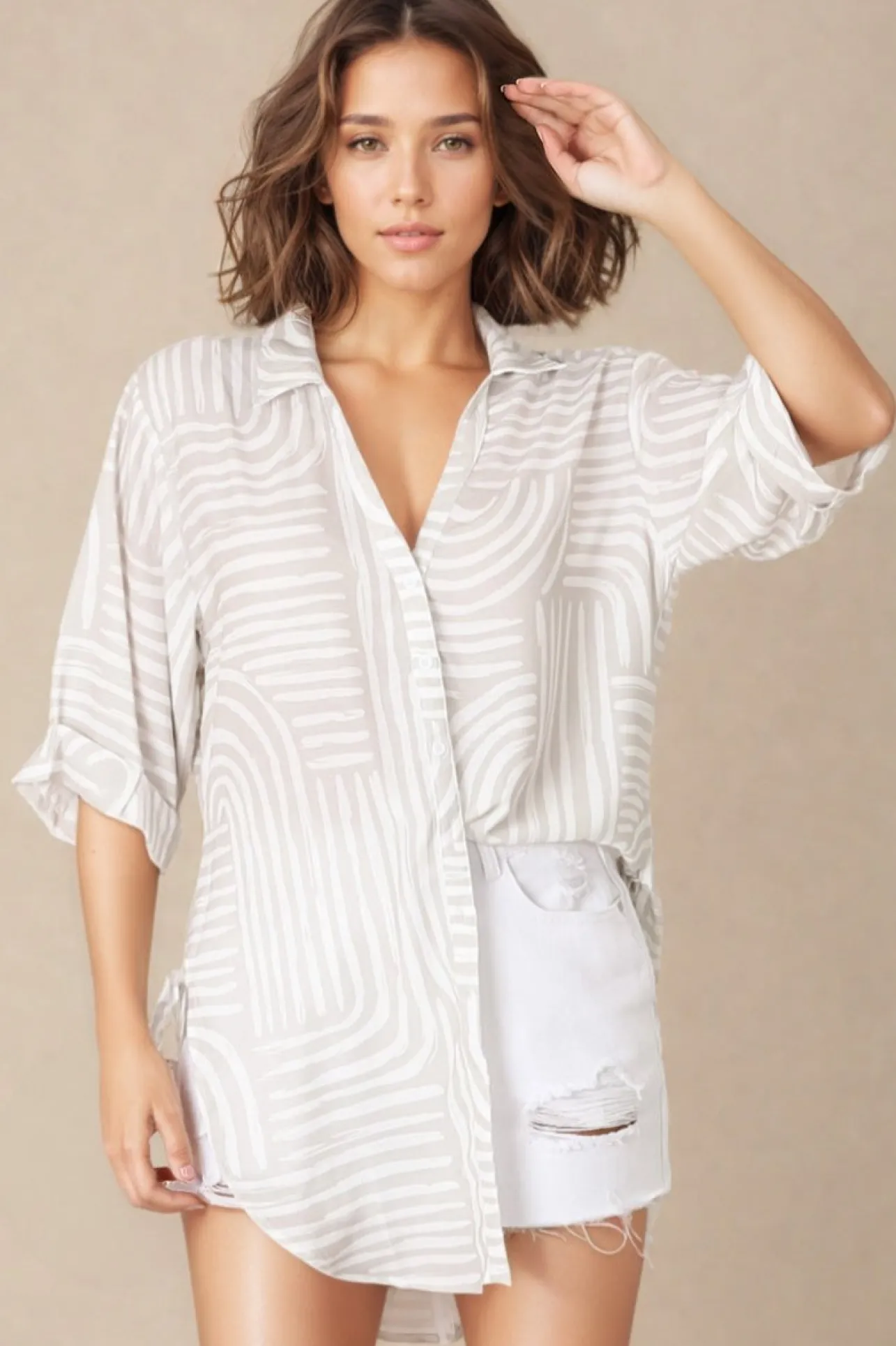 Beachly Shirt - Folded Collar Button Down Relaxed Shirt in Hansel Print>Salty Crush New