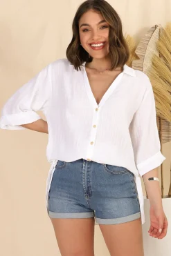 Beachly Shirt - Folded Collar Button Down Relaxed Shirt In White>Salty Crush