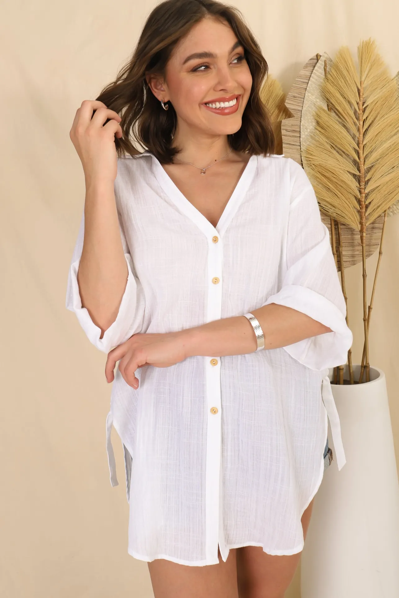 Beachly Shirt - Folded Collar Button Down Relaxed Shirt In White>Salty Crush