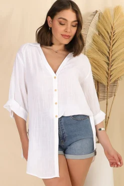 Beachly Shirt - Folded Collar Button Down Relaxed Shirt In White><noscript><img width=
