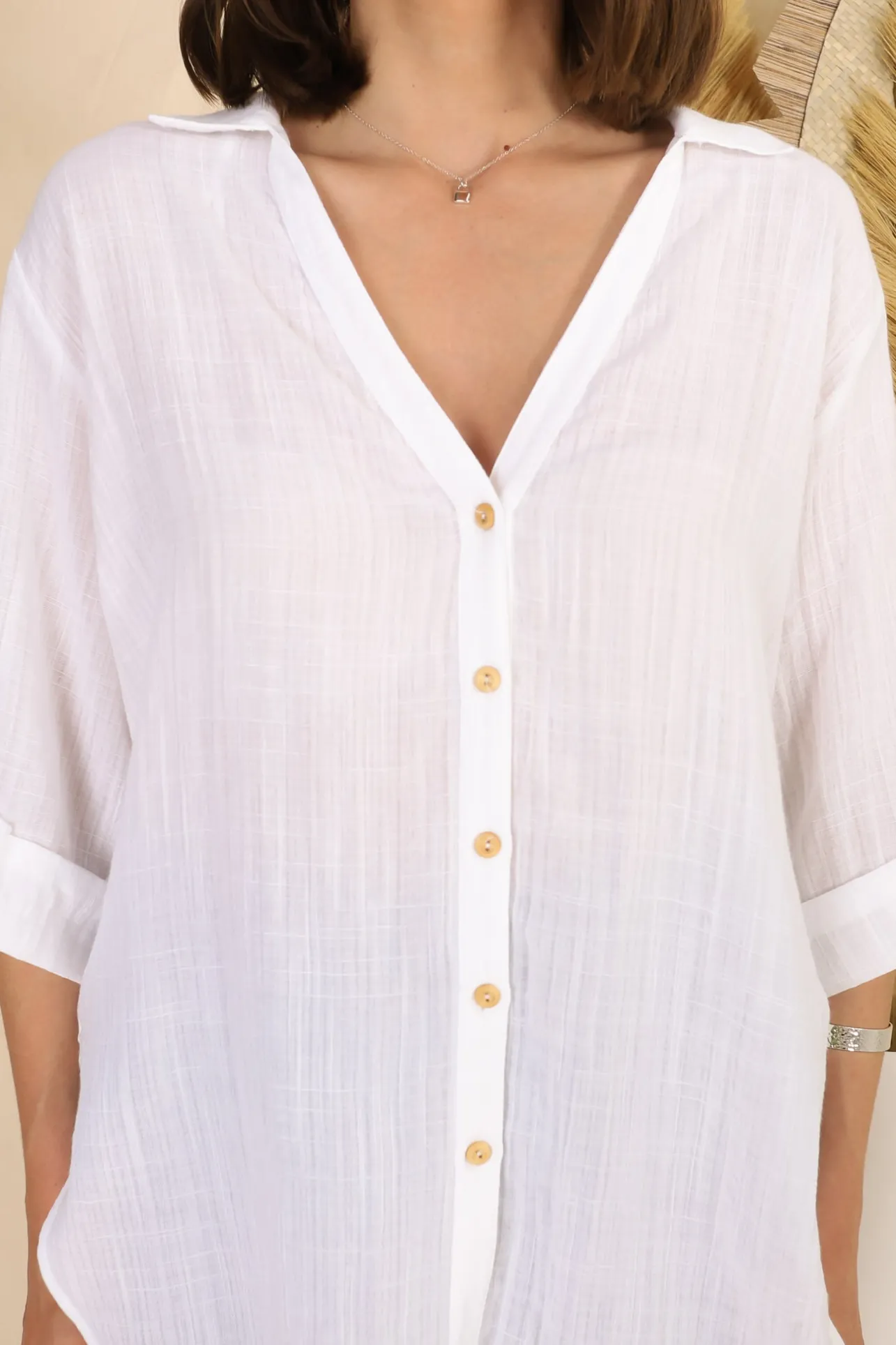 Beachly Shirt - Folded Collar Button Down Relaxed Shirt In White>Salty Crush