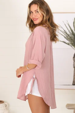 Beachly Shirt - Folded Collar Button Down Relaxed Shirt In Blush><noscript><img width=