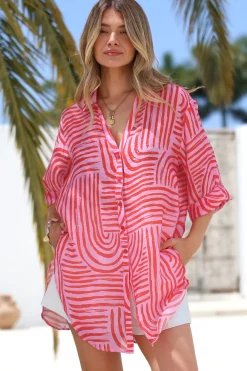 Beachly Shirt - Folded Collar Button Down Relaxed Shirt in Hansel Print Pink><noscript><img width=