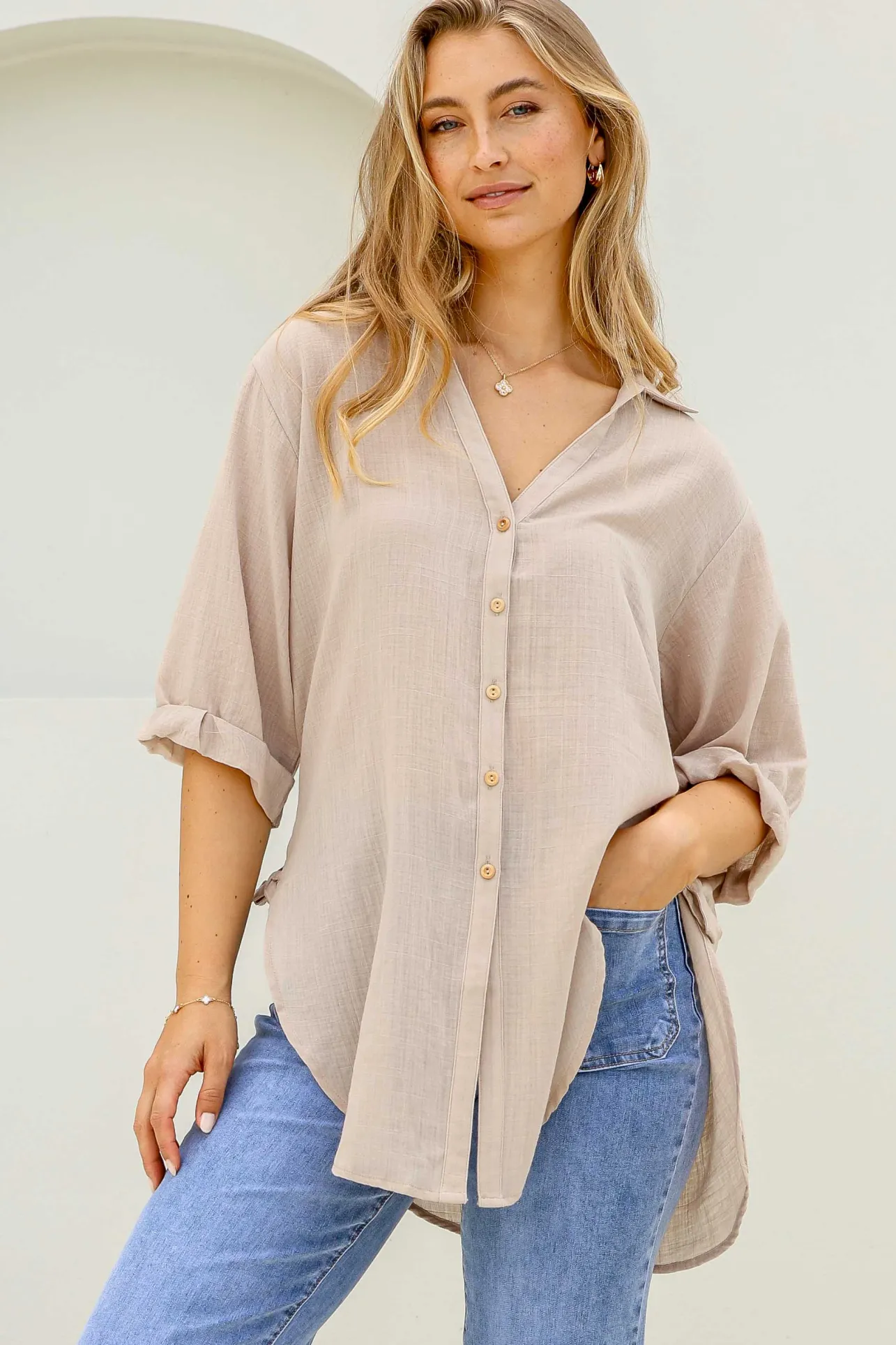 Beachly Shirt - Folded Collar Button Down Relaxed Shirt In Stone>Salty Crush Hot
