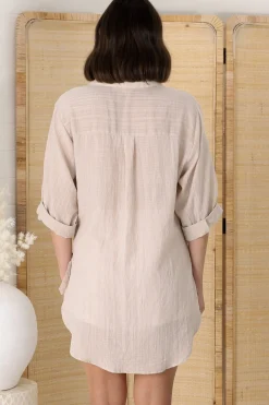 Beachly Shirt - Folded Collar Button Down Relaxed Shirt In Stone><noscript><img width=