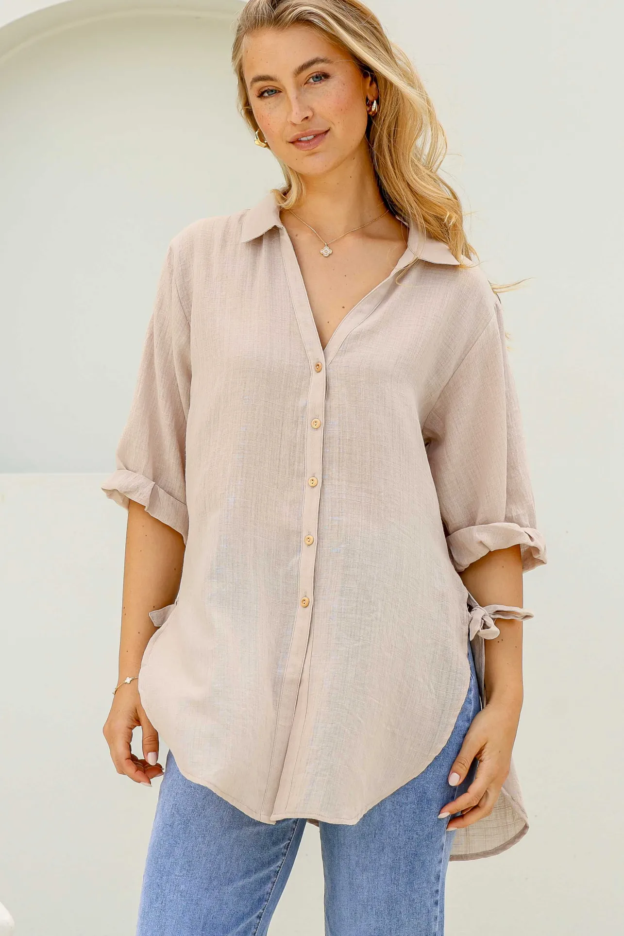Beachly Shirt - Folded Collar Button Down Relaxed Shirt In Stone>Salty Crush Hot