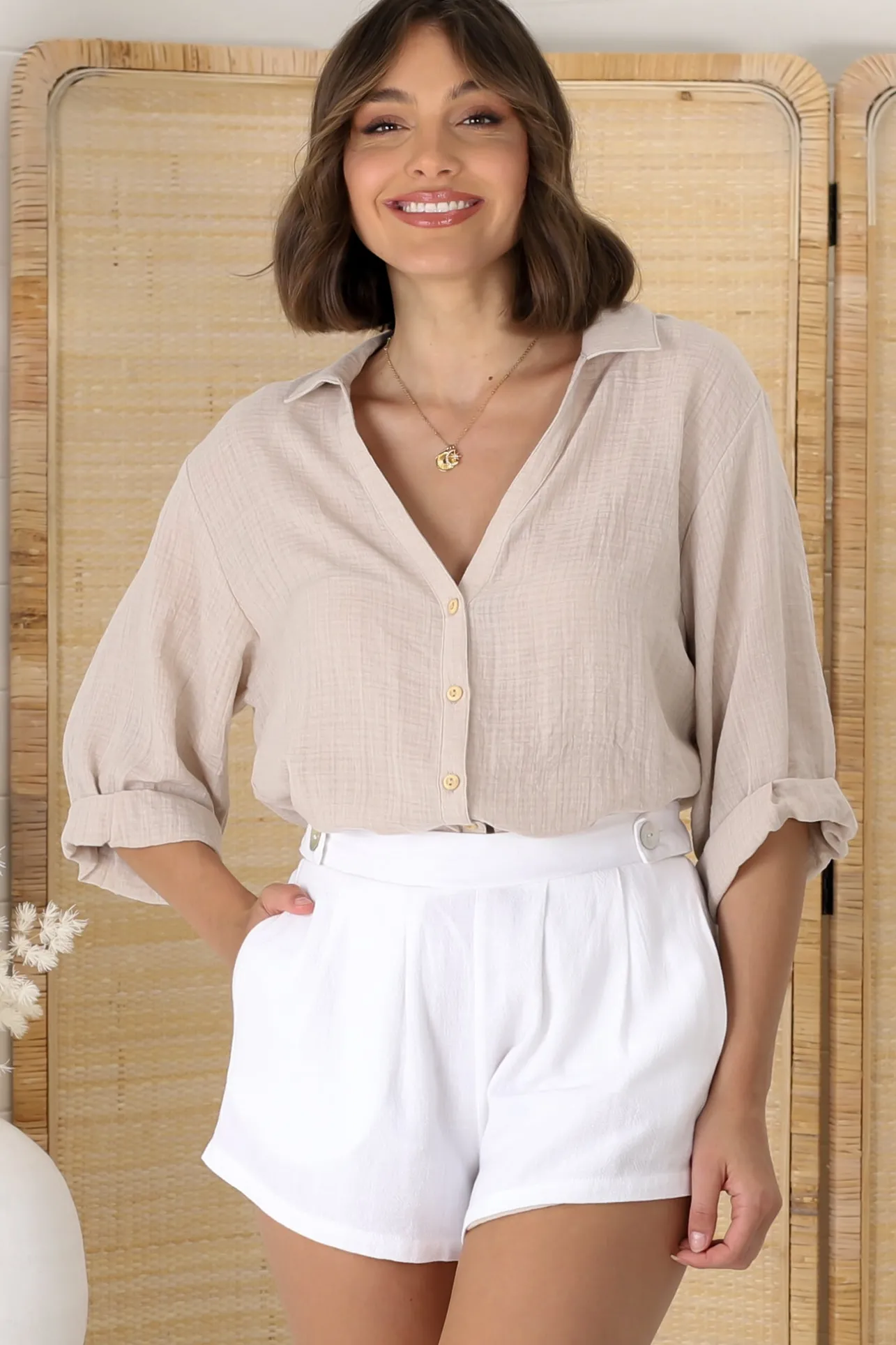 Beachly Shirt - Folded Collar Button Down Relaxed Shirt In Stone>Salty Crush Hot