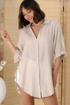 Beachly Shirt - Folded Collar Button Down Relaxed Shirt In Stone><noscript><img width=