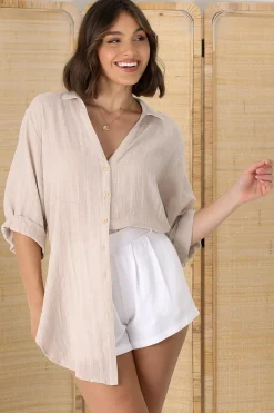Beachly Shirt - Folded Collar Button Down Relaxed Shirt In Stone><noscript><img width=