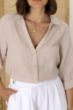 Beachly Shirt - Folded Collar Button Down Relaxed Shirt In Stone><noscript><img width=