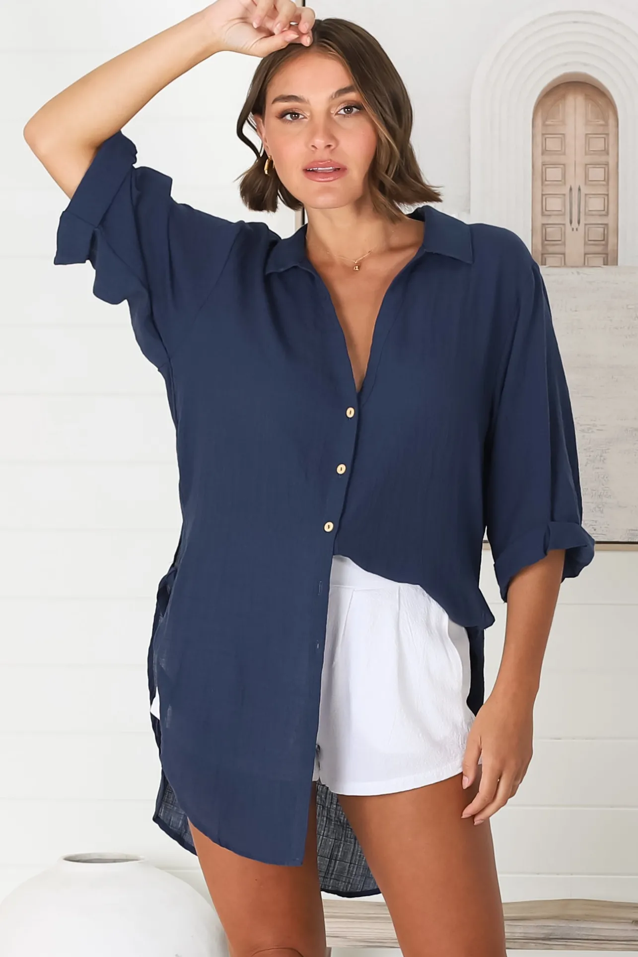Beachly Shirt - Folded Collar Button Down Relaxed Shirt In Navy>Salty Crush Best