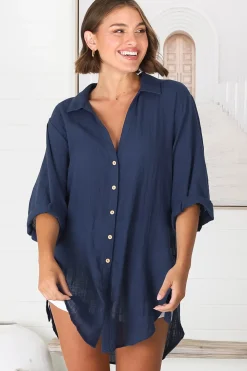 Beachly Shirt - Folded Collar Button Down Relaxed Shirt In Navy><noscript><img width=