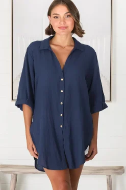 Beachly Shirt - Folded Collar Button Down Relaxed Shirt In Navy><noscript><img width=