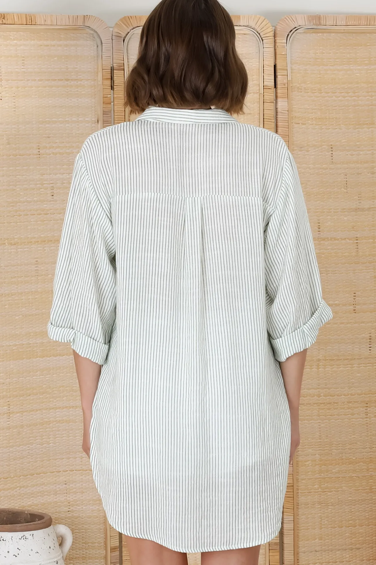 Beachly Stripe Shirt - Pin Stripe Relaxed Button Down Shirt in Green>Salty Crush Outlet