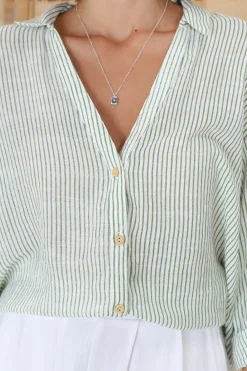Beachly Stripe Shirt - Pin Stripe Relaxed Button Down Shirt in Green><noscript><img width=