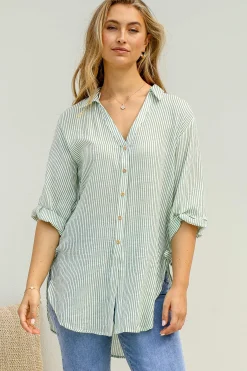 Beachly Stripe Shirt - Pin Stripe Relaxed Button Down Shirt in Green><noscript><img width=