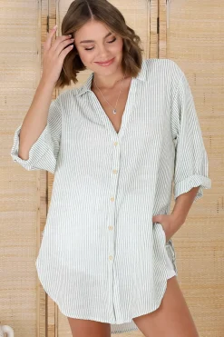 Beachly Stripe Shirt - Pin Stripe Relaxed Button Down Shirt in Green><noscript><img width=