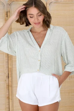 Beachly Stripe Shirt - Pin Stripe Relaxed Button Down Shirt in Green><noscript><img width=