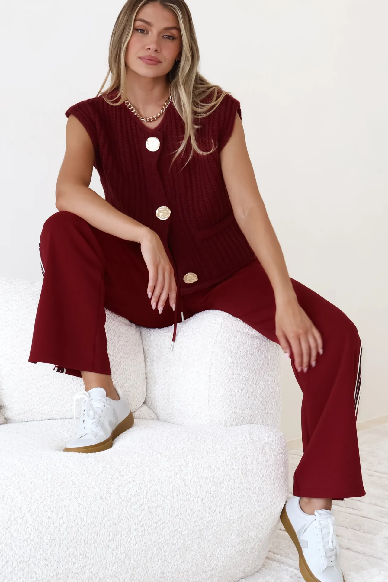 Beckham Pants - High Waisted Sports Stripe Pants in Burgandy>Salty Crush
