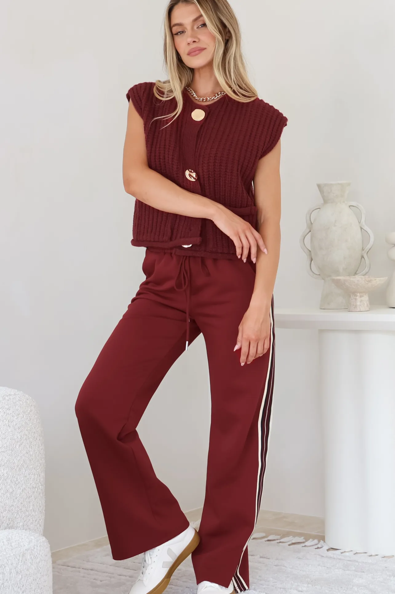 Beckham Pants - High Waisted Sports Stripe Pants in Burgandy>Salty Crush