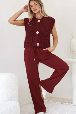Beckham Pants - High Waisted Sports Stripe Pants in Burgandy><noscript><img width=