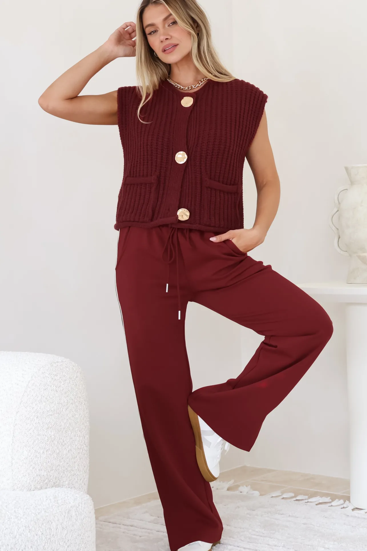 Beckham Pants - High Waisted Sports Stripe Pants in Burgandy>Salty Crush