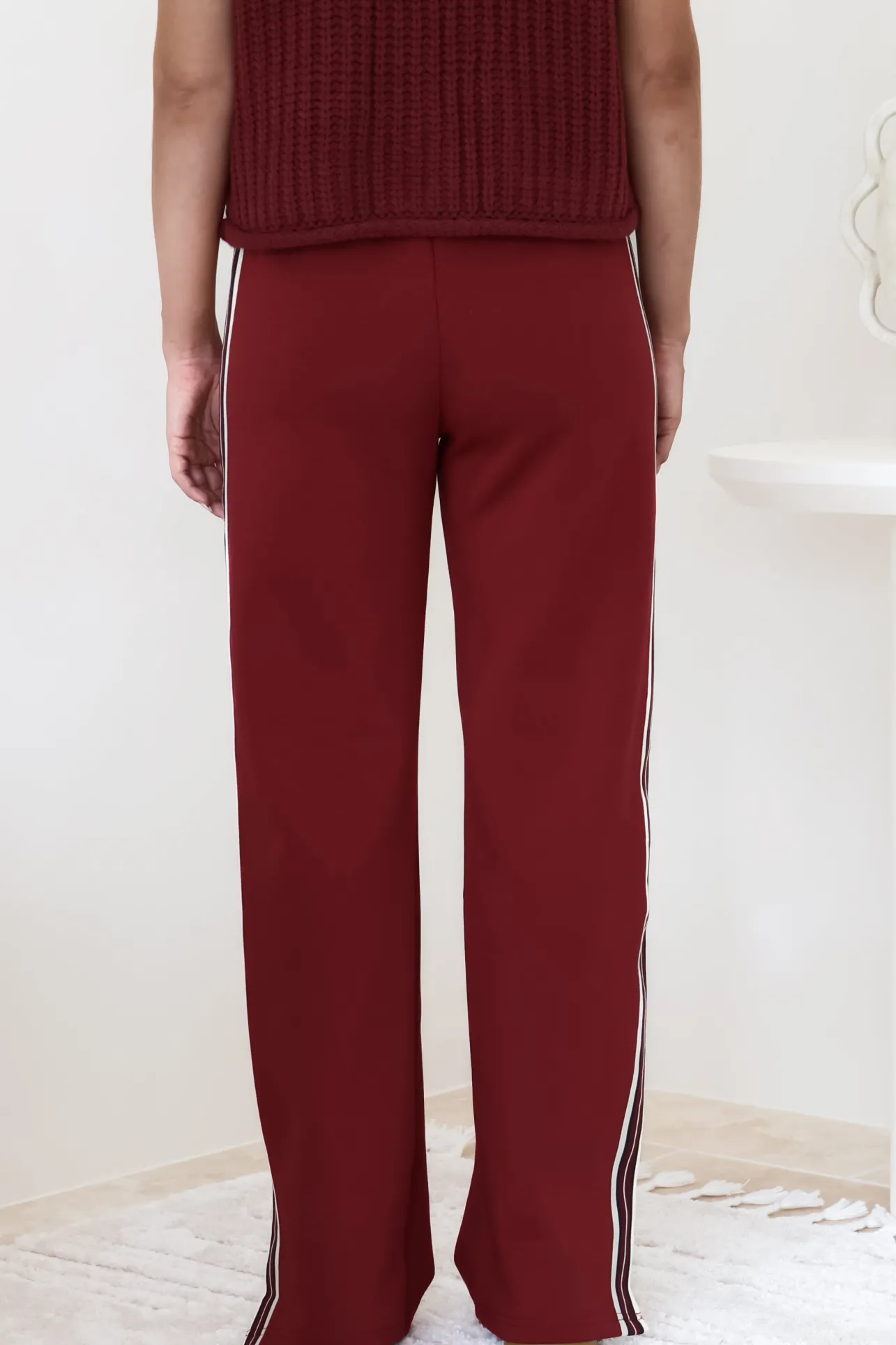 Beckham Pants - High Waisted Sports Stripe Pants in Burgandy>Salty Crush